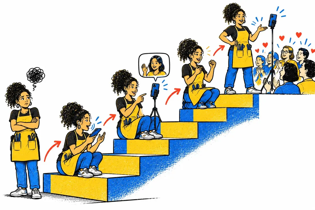 Ilustração: uma dona de negócio sobe uma escada, de braços cruzados no primeiro degrau até gravando à vontade no último