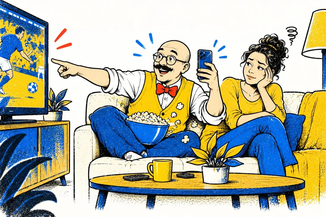 Ilustração: no sofá, o dono de negócio assiste ao jogo e já grava um vídeo de reação com o celular