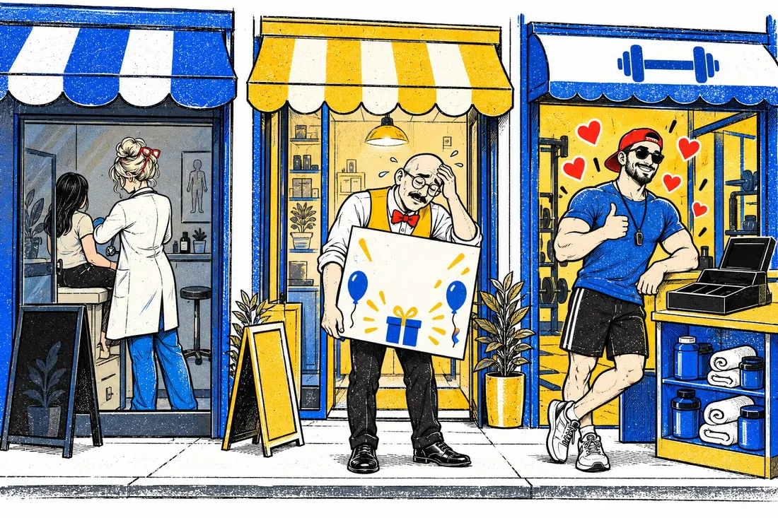 Ilustração: três donos de negócio em frente às suas lojas, cada um de um jeito diferente de não aparecer